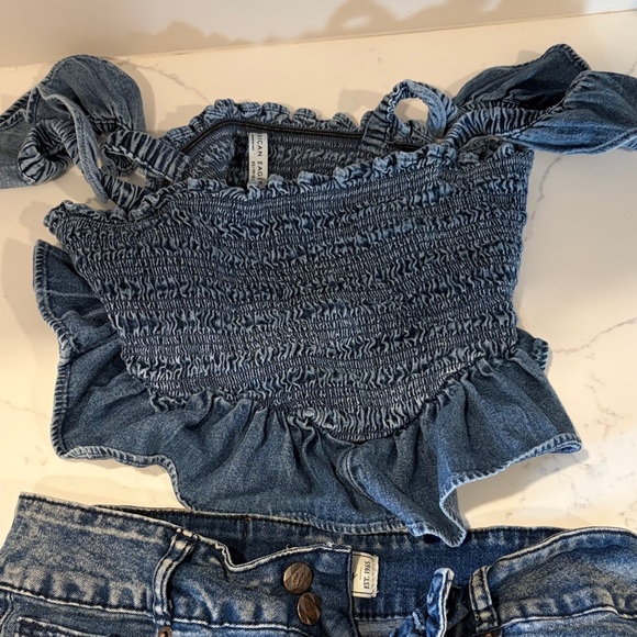American Eagle Outfitters Tops - American Eagle Outfitters Blue Denim Smocked Ruffle Tie-Strap Crop Top